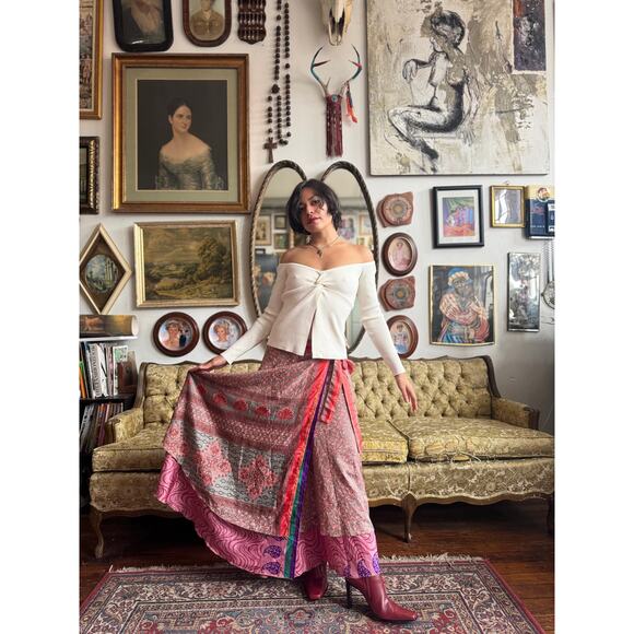 Pink Polyester Paisley Multi Print Layered Wrap Skirt Size One Kind Fits Most - Picture 9 of 12